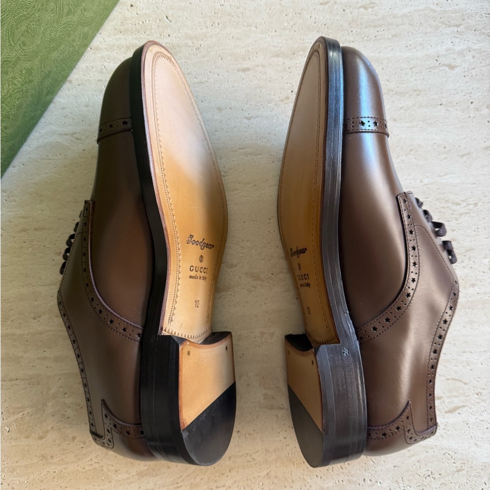 NWB GUCCI SHOES MENS ROOSTER BROGUE
BROWN LEATHER DURBY GUCCI SIZE/10 - Picture 9 of 16
